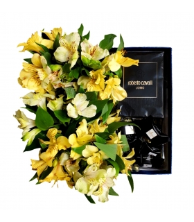 پک هدیه عطر با گل آلسترومریا و شکلات