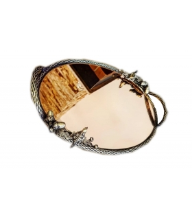 سینی بیضی برنجی آنتیک طرح گنجشک و بلوط Antique brass oval tray with sparrow and oak design