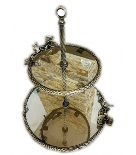 شیرینی خوری دو طبقه برنجی طرح گنجشک و گل ارکیده Two-story brass confectionery with sparrow and orchid design