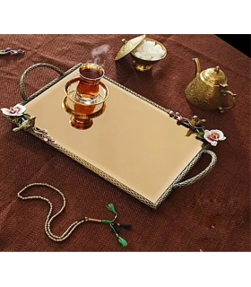 سینی مستطیلی برنجی آنتیک میناکاری گنجشک و گل ارکیده Antique brass Rectangular tray