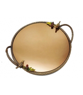 سینی گرد برنجی آنتیک میناکاری گنجشک و بلوط Antique brass Round tray