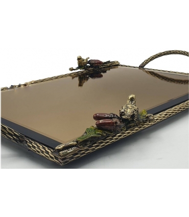 سینی مستطیلی برنجی آنتیک میناکاری گنجشک و بلوط Antique brass Rectangular tray
