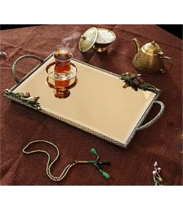 سینی مستطیلی برنجی آنتیک میناکاری گنجشک و بلوط Antique brass Rectangular tray