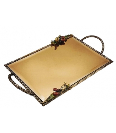 سینی مستطیلی برنجی آنتیک میناکاری گنجشک و بلوط Antique brass Rectangular tray