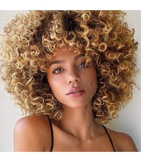 کلاه گیس زنانه فرفری پف دار متوسط بلوند جلو چتری Psalms Hair Short Curly Blonde Wig for Women
