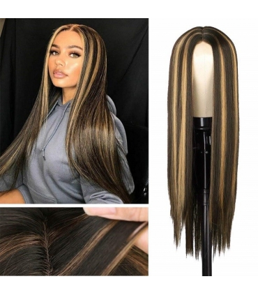 کلاه گیس زنانه بلند لخت هایلایت دار AISI HAIR Brown Mixed Blonde Long Straight Natural Wig