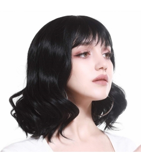 کلاه گیس زنانه سارلا حالت دار متوسط SARLA 6090 Short Black Curly Wavy Cheap Bob Wig with Bangs Synthetic