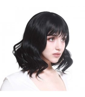 کلاه گیس زنانه سارلا حالت دار متوسط SARLA 6090 Short Black Curly Wavy Cheap Bob Wig with Bangs Synthetic