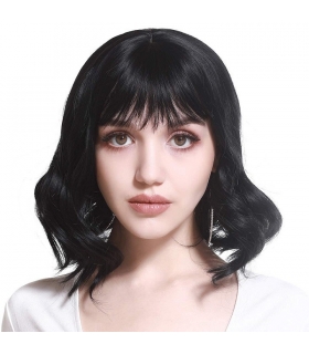 کلاه گیس زنانه سارلا حالت دار متوسط SARLA 6090 Short Black Curly Wavy Cheap Bob Wig with Bangs Synthetic