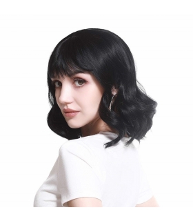 کلاه گیس زنانه سارلا حالت دار متوسط SARLA 6090 Short Black Curly Wavy Cheap Bob Wig with Bangs Synthetic
