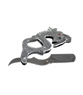 دسته تیغ اصلاح استیل  طرح اژدها همراه با کیف چرمی Finny Handle Straight Shaving Razor