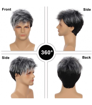 کلاه گیس مردانه سلاکس کوتاه جو گندمی Slacks Men Grey Wig Short Layered Gray Mixed Black