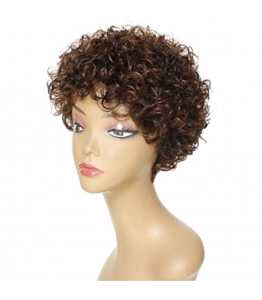 کلاه گیس زنانه  اچ یو ای موی طبیعی کوتاه فرفری شکلاتی HUA Chocolate Brown Mix Medium Auburn Short Curly Wigs