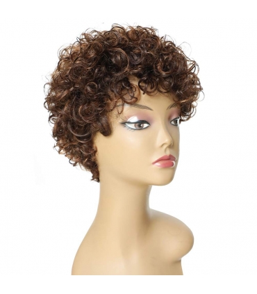 کلاه گیس زنانه  اچ یو ای موی طبیعی کوتاه فرفری شکلاتی HUA Chocolate Brown Mix Medium Auburn Short Curly Wigs