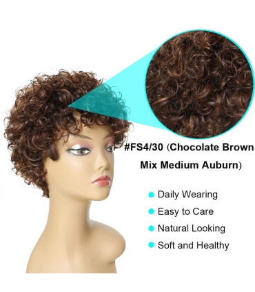 کلاه گیس زنانه  اچ یو ای موی طبیعی کوتاه فرفری شکلاتی HUA Chocolate Brown Mix Medium Auburn Short Curly Wigs
