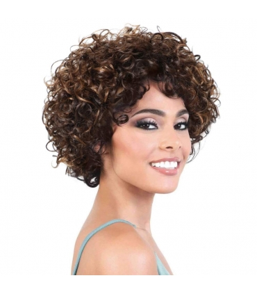 کلاه گیس زنانه  اچ یو ای موی طبیعی کوتاه فرفری شکلاتی HUA Chocolate Brown Mix Medium Auburn Short Curly Wigs
