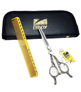 قیچی آرایشگری کرتزر فاینی پیتاژ 6 اینچ دو دم همراه شانه آرایشگری Kretzer Hair Finny FP Two tails-60