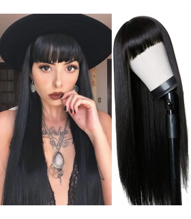 کلاه گیس زنانه لخت بلند جلو چتری Vigorous Black Long Wig with Bangs Synthetic Long Straight Wigs for Women