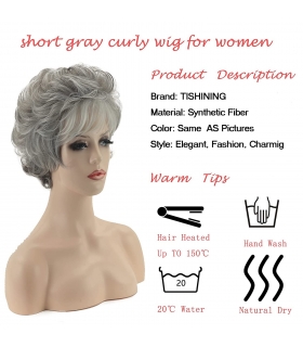 کلاه گیس زنانه تیشنینگ کوتاه حالت دار خاکستری TISHINING Short Gray Curly Wigs fo Hair Wig