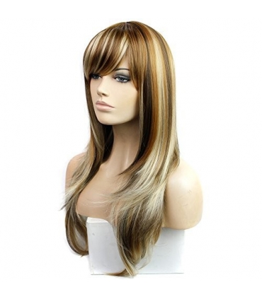 کلاه گیس رنگ میکس بلندHSG Mix-colored Long Straight Full Hair Wigs with Fringe Bangs