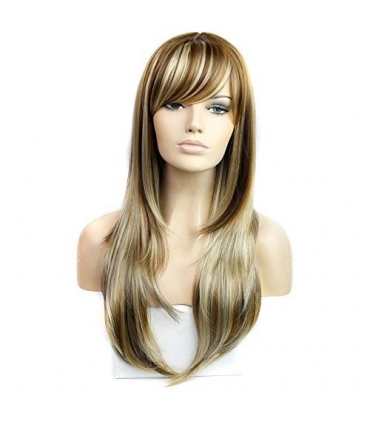 کلاه گیس رنگ میکس بلندHSG Mix-colored Long Straight Full Hair Wigs with Fringe Bangs