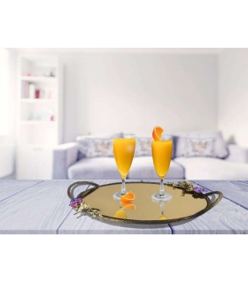 سینی بیضی برنجی آنتیک میناکاری گنجشک و گل بنفشه Antique brass oval tray