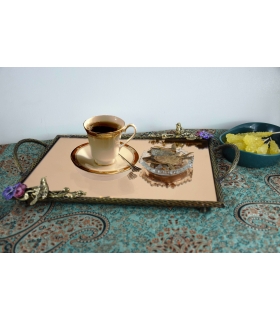 سینی مستطیلی برنجی آنتیک میناکاری گنجشک و گل بنفشه Antique brass Rectangular tray