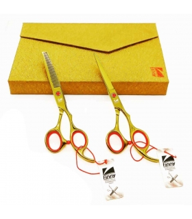 ست دو عددی قیچی آرایشگری کرتزر فینی کات و کوتاهی/پیتاژ 6 اینچ قرمز طلایی Kretzer Hair Finny FSR GOLD-60