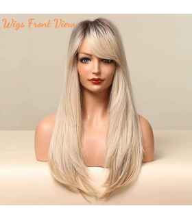 کلاه گیس زنانه بلند چتری آمبره قهوه ای تیره به بلوند