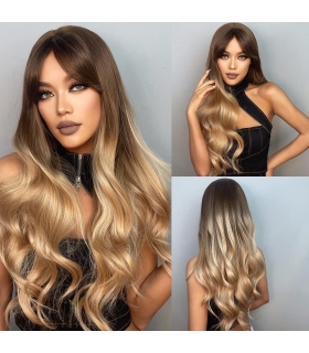 کلاه گیس (پوستیژ) زنانه بلند آمبره قهوه ای بلوند حالت دار چتری Long Curly Wig