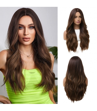 کلاه گیس (پوستیژ) زنانه بلند آمبره قهوه ای حالت دار فرق وسط Long Ombre Brown Wig