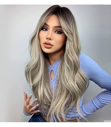کلاه گیس (پوستیژ) زنانه بلند اش خاکستری آمبره حالت دار چتری دار Ombre Dark Ash Wigs