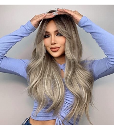کلاه گیس (پوستیژ) زنانه بلند اش خاکستری آمبره حالت دار چتری دار Ombre Dark Ash Wigs