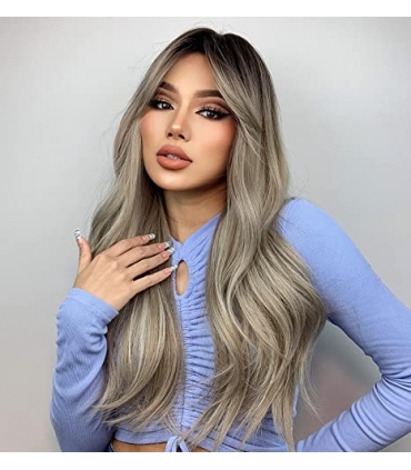 کلاه گیس (پوستیژ) زنانه بلند اش خاکستری آمبره حالت دار چتری دار Ombre Dark Ash Wigs
