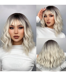 کلاه گیس (پوستیژ) زنانه حالت دار چتری آمبره پلاتینیوم بلوند متوسط Blonde Platinum Wig