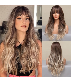 کلاه گیس (پوستیژ) زنانه بلند آمبره قهوه ای بلوند چتری حالت دار Ash Blonde Wig
