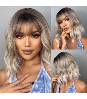 کلاه گیس ( پوستیژ) زنانه متوسط حالت دار قهو ه ای بلوند آمبره پلاتینی چتری دار Ombre Platinum