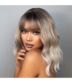 کلاه گیس ( پوستیژ) زنانه متوسط حالت دار قهو ه ای بلوند آمبره پلاتینی چتری دار Ombre Platinum