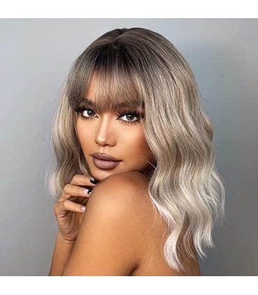 کلاه گیس ( پوستیژ) زنانه متوسط حالت دار قهو ه ای بلوند آمبره پلاتینی چتری دار Ombre Platinum
