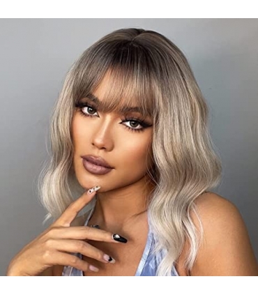 کلاه گیس ( پوستیژ) زنانه متوسط حالت دار قهو ه ای بلوند آمبره پلاتینی چتری دار Ombre Platinum