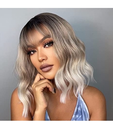 کلاه گیس ( پوستیژ) زنانه متوسط حالت دار قهو ه ای بلوند آمبره پلاتینی چتری دار Ombre Platinum