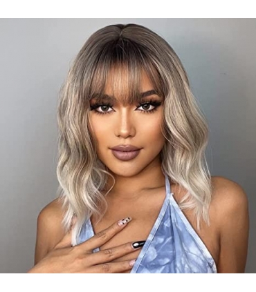 کلاه گیس ( پوستیژ) زنانه متوسط حالت دار قهو ه ای بلوند آمبره پلاتینی چتری دار Ombre Platinum