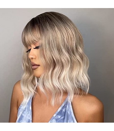 کلاه گیس ( پوستیژ) زنانه متوسط حالت دار قهو ه ای بلوند آمبره پلاتینی چتری دار Ombre Platinum