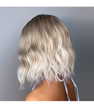 کلاه گیس ( پوستیژ) زنانه متوسط حالت دار قهو ه ای بلوند آمبره پلاتینی چتری دار Ombre Platinum