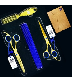 ست 4 تکه قیچی آرایشگری فینی کات و کوتاهی/پیتاژ 6 اینچ همراه برس و شانه طلایی و آبی Kretzer Hair Finny FSG7-60