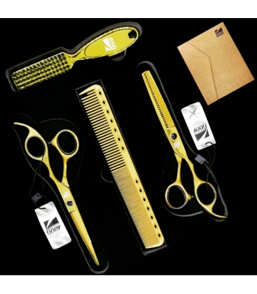ست 4 تکه قیچی آرایشگری فینی کات و کوتاهی/پیتاژ 6 اینچ همراه برس و شانه طلایی و مشکی Kretzer Hair Finny FSG8-60