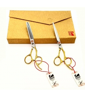 ست دو عددی قیچی آرایشگری فینی کات و کوتاهی/پیتاژ 6 اینچ دسته طلایی تم قرمز Kretzer Hair Finny KSG1-60 hair scissors