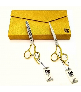 ست دو عددی قیچی آرایشگری فینی کات و کوتاهی/پیتاژ 6 اینچ دسته طلایی تم مشکی Kretzer Hair Finny KSG2-60 hair scissors