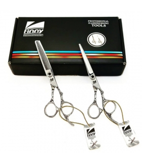 ست دو عددی قیچی آرایشگری فینی کات و کوتاهی/پیتاژ 6 اینچ دسته طرح دار نگین مشکی Kretzer Hair Finny KSPZ1-60 hair scissors