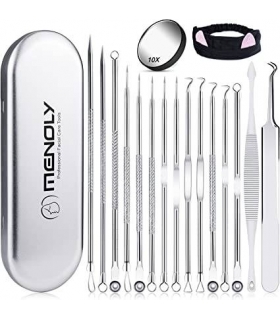 کیت ابزار پاکسازی پوست منولی 15 عددی به همراه ذربین زیبایی 10 برابر MENOLY  Tool Kit 15 PCS 10X Beauty Magnifier